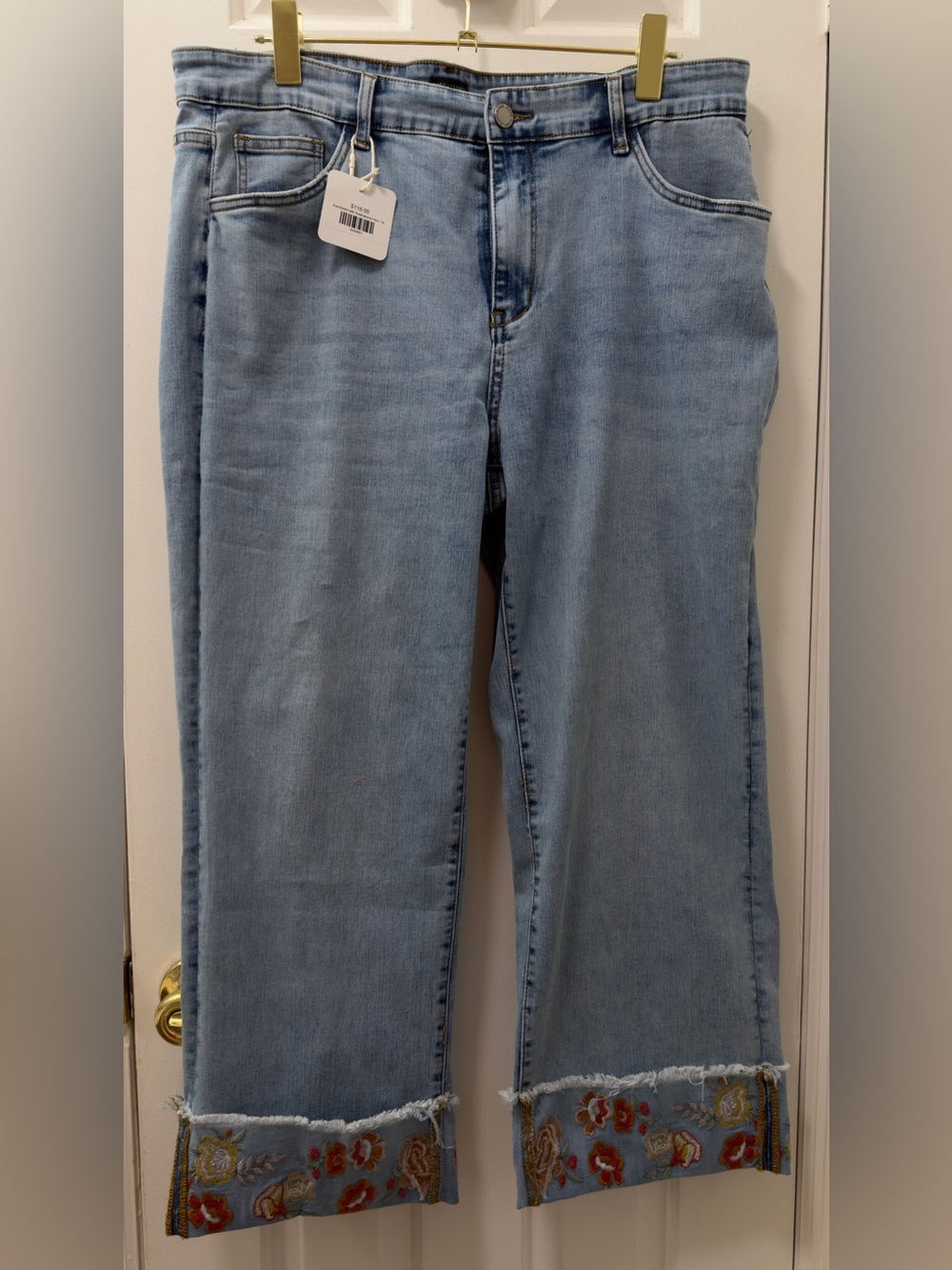 NWT Light Wash Straight-Leg Jeans with Embroidered Cuffs